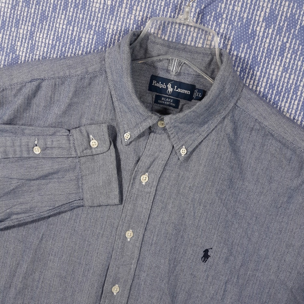 Ralph Lauren Blake Shirt Mens XL Pony Logo Cotton Long Sleeve Herringbone Blue